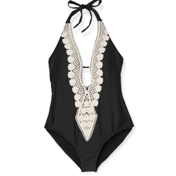 Kona Sol SZ M Crochet Trim Black Halter One Piece Swimsuit Beach Vacation Boho - Picture 2 of 12